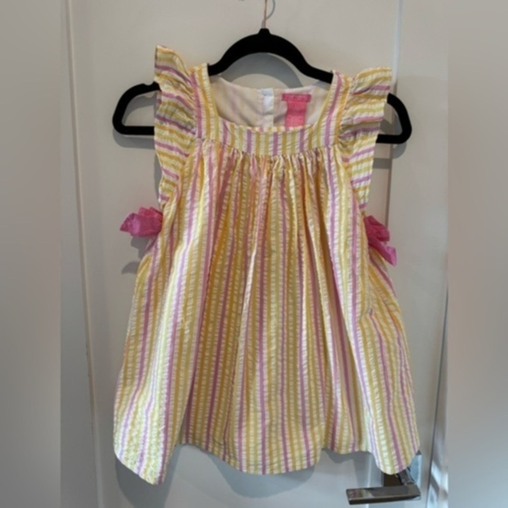 Isaac Mizrahi New York Yellow Pink Striped Sleeveless Ruffle Lined Dress Girl 6